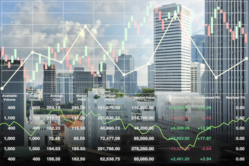 Stock financial index show successful investment on property business and construction industry urban buildings  image with graph and chart for presentation and report background.