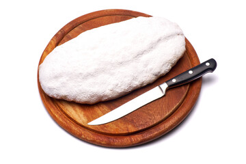 Traditional Christmas stollen cake with marzipan and dried fruit isolated on white background