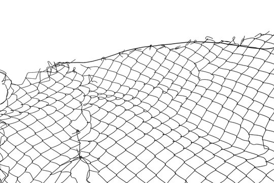 Opening in metallic fence isolated on white background .breakthrough concept. metaphor. Chain-link, wire netting, wire mesh, cyclone hurricane fence.  Challenge. uncertainty