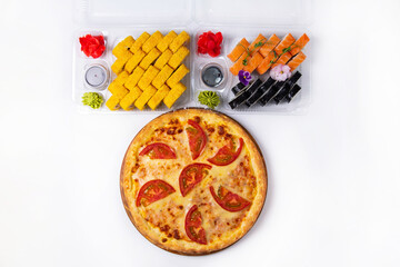 set. pizza margarita and Japanese rolls, sushi. on a white background