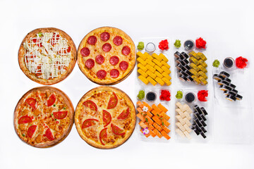 set. four pizzas with Japanese rolls, dried in plastic containers. on a white background