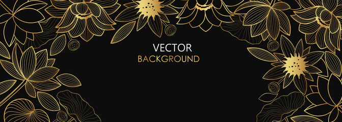 Vector poster with golden flowers and lotus leaves on a black background. Line art style.