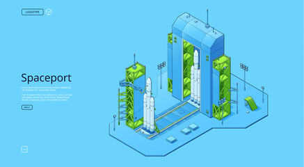 Obraz premium Spaceport isometric set with rocket on cosmodrome with hangar and launchpad. Vector horizontal banner with axonometric illustration of autonomous spaceship or shuttle