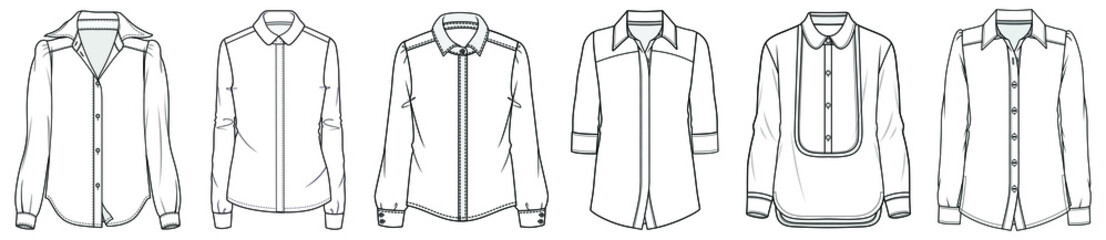 flat sketch set of womens long sleeve shirts vector illustration, apparel template cad mockup.