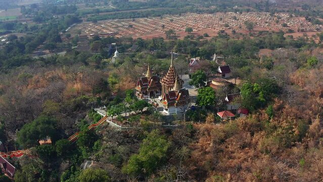 Aerial view of Wat Khao Phra Si Sanphet, temple on top of the hill, in Suphan Buri, Thailand