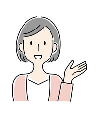 手描き風・笑顔で案内をする女性のベクターイラスト