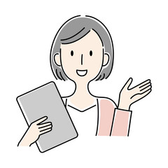 手描き風・タブレットを持って案内をする女性のベクターイラスト