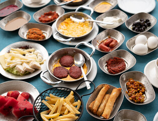 Turkish traditional breakfast, many different tasty dishes on table.View from top.Delicious food in Turkey