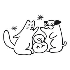 Cat and dog build a snowman. Outline vector illustration.