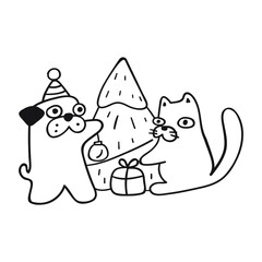 Cat and dog decorating Christmas tree. Outline vector illustration.