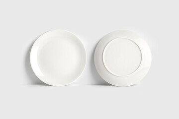 Empty blank white plate mockup isolated on white background. 3d rendering. front and back view.