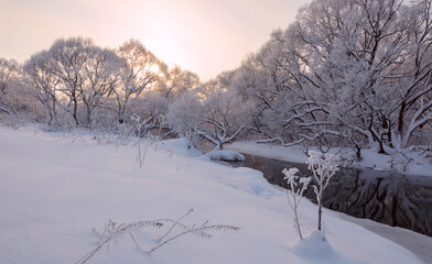 Winter landscape with calm forest river