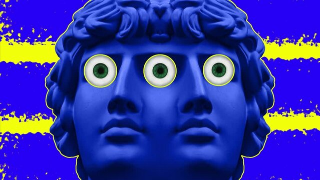 Modern creative concept video 4K with ancient statue head. GIF animation with antique sculpture of human face in game style. Contemporary stop motion art. Funky unusual design. Pop art template.