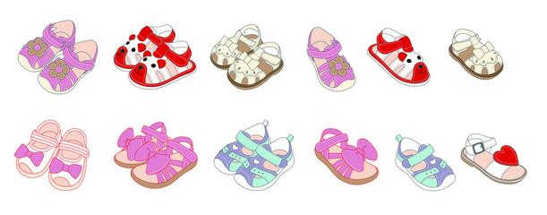 Baby summer shoes ,Children's shoes ornament set - obrazy, fototapety, plakaty