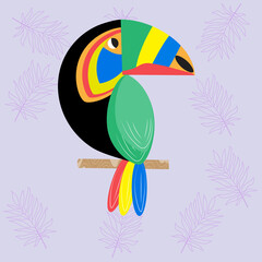 An exotic toucan bird, an illustration in a children's style for decorating clothes, rooms, surfaces. Vector