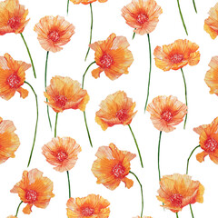 Seamless pattern of watercolor illustration of poppy flowers. Hand-drawn floral pattern for decoration of rooms, books, design of cover, card, fabric, textile, wrapping paper. 