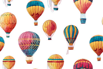 Fototapeta premium Seamless pattern with watercolor illustration of hot air balloons. Hand-drawn pattern for fabric, textile, wrapping paper, package, cover, card. Travel, road, adventure, journey concept. 