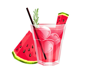 Watermelon cocktail.Summer alcoholic refreshing drink with a slice of watermelon, ice and rosemary.