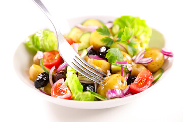 mixed potato salad on white background