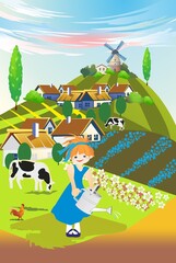  colorful composition with a rural landscape, farmlands, houses and a girl who waters the grass