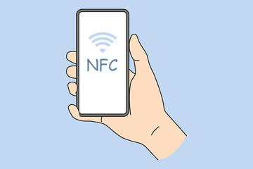 Person holding smartphone with NFC on screen. Near field communication technology on mobile phone. NFC payment with cellphone. Flat vector illustration. 