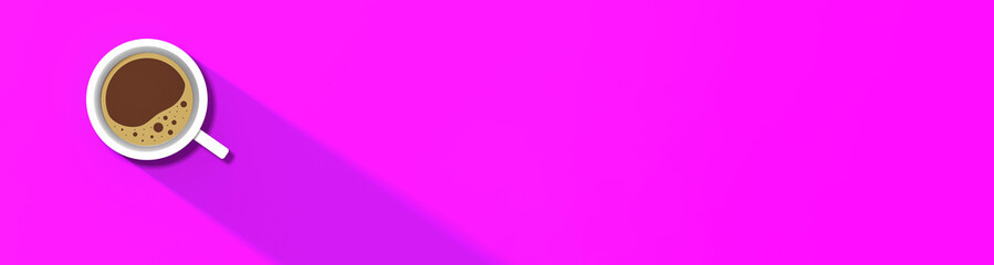 a white cup of coffee on yellow background. long shadow from cup. invigorating drink. Banner for insertion into site. Place for text cope space. horizontal image. 3D image. 3D rendering.