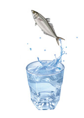 chinchard, poisson, pêche, évasion, sauter, eau, en verre, boire, clapoter, liquide, froid, isolé, glace, boisson, blanc, bleu, bouillonner, éclaboussure, frais, abattre, clair, verser, sain, objet, t