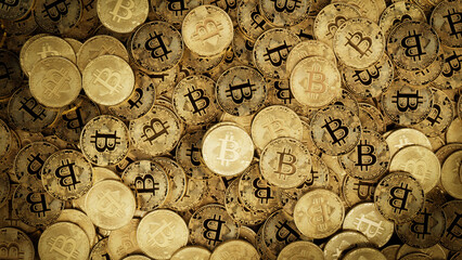 Bitcoin Cryptocurrency represented as Gold Coins. Decentralized Finance Background. 3D Render.