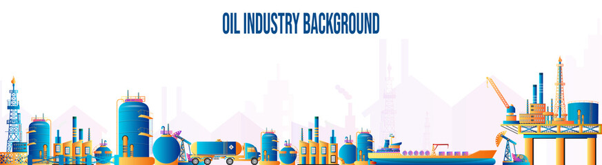 Gas oil industry platform Banner with Outbuildings, oil storage tank. Poster Brochure Flyer Design, Vector Illustration