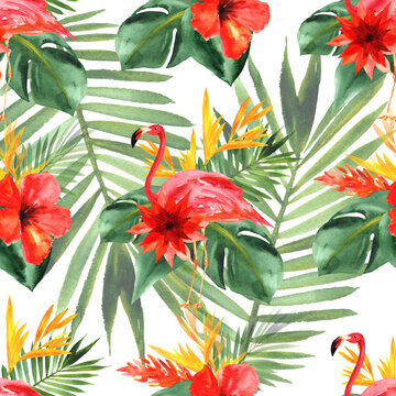 Tropical paradise. Seamless pattern with flamingo, tropical leaves and flowers