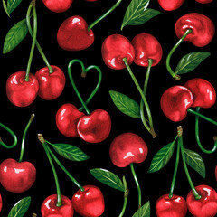 Cherry Seamless Pattern. Watercolor illustration. Isolated on a black background. For design.