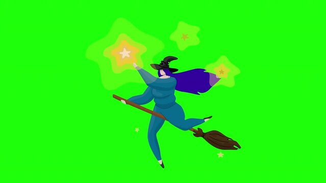 Cartoon witch flying on the broom and touching stars, isolated on green background. Infinite loop animation. Halloween concept.