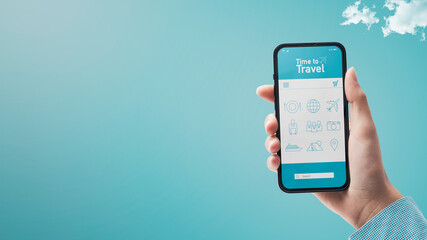 Travel app on smartphone and blue sky