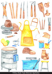 Pottery tools in studio watercolor illustration for ceramic handcrafted concept. - obrazy, fototapety, plakaty