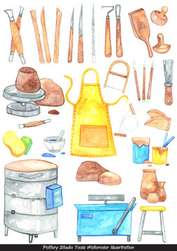 Pottery tools in studio watercolor illustration for ceramic handcrafted concept.