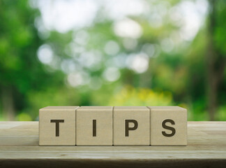 TIPS letter on wood block cubes on wooden table over blur green tree in park, Business customer service and support concept