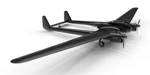 Three-dimensional model of the bomber aircraft of the second world war. Shiny aluminum body with two tails and wide wings. 3d illustration.