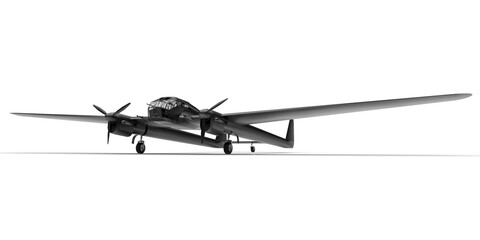 Three-dimensional model of the bomber aircraft of the second world war. Shiny aluminum body with two tails and wide wings. 3d illustration.