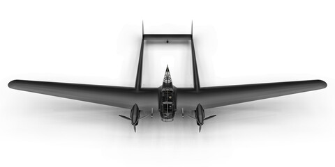 Three-dimensional model of the bomber aircraft of the second world war. Shiny aluminum body with two tails and wide wings. 3d illustration.