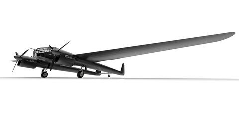 Three-dimensional model of the bomber aircraft of the second world war. Shiny aluminum body with two tails and wide wings. 3d illustration.