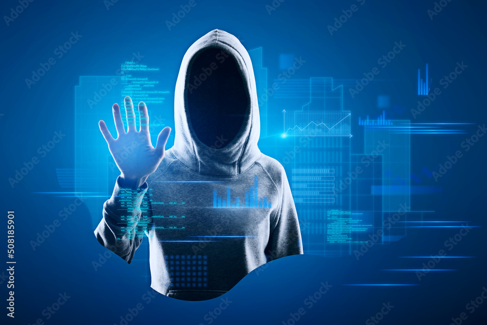 Aufkleber Hacker in hoodie using abstract blue coding and tech information hologram interface. Database, hacking, cloud computing and science concept. Double exposure.