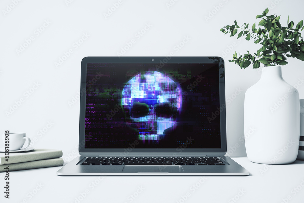Poster Close up of laptop computer screen on desktop with abstract digital skull hologram. Hacking, malware, and phishing concept. 3D Rendering.