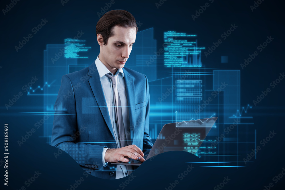 Aufkleber Attractive young european businessman with laptop computer standing on abstract blue background with coding and tech information. Database, cloud computing and science concept. Double exposure.