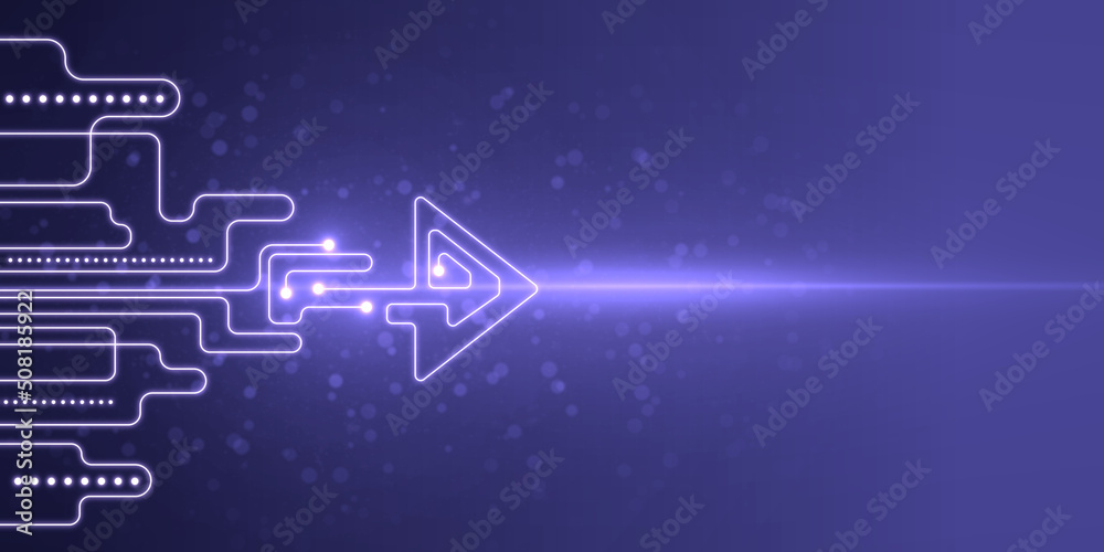 Poster creative glowing digital startup arrow on blue backdrop with light and mock up place. start up, busi