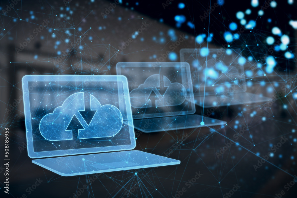Poster Abstract polygonal digital laptop with cloud computing hologram on blurry interior backdrop. Database and information concept. 3D Rendering.
