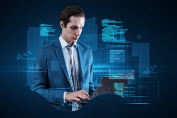 Attractive young european businessman with laptop computer standing on abstract blue background with coding and tech information. Database, cloud computing and science concept. Double exposure.