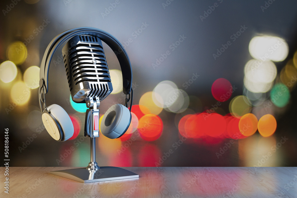 Poster Close up of silver mic and headset on blurry lights bokeh backdrop with mock up place. Podcast and information concept. 3D Rendering.