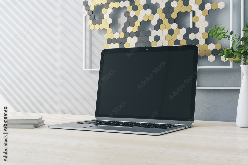 Poster Close up of creative wooden designer desktop with empty computer screen and decorative banner. Mock up and 3D Rendering concept.