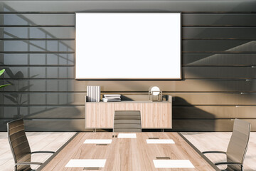 Modern wooden conference interior with furniture with empty white mock up banner. Law and legal concept. 3D Rendering.