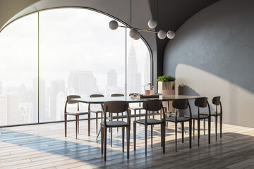 Side view on big arch window with city view and dining table surrounded by stylish brown chairs, wooden floor, stylish light from top and brown wall. 3D rendering